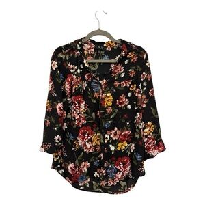 BCX Black Floral Button Down Blouse 3/4 Sleeve Boho Romantic Top Medium